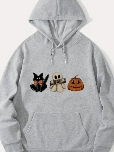 ⭐ Halloween Black Cat & Pumpkin Hoodie – Loose Fit Fleece‑Lined Pullover