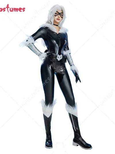 ⭐ Women’s Black Cat PU Bodysuit – Cosplay Costume with Eye Mask & Choker