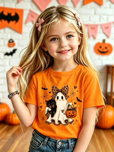 ⭐ Kids’ Cartoon Ghost Short‑Sleeve Tee – Leopard Bow Halloween Holiday Top