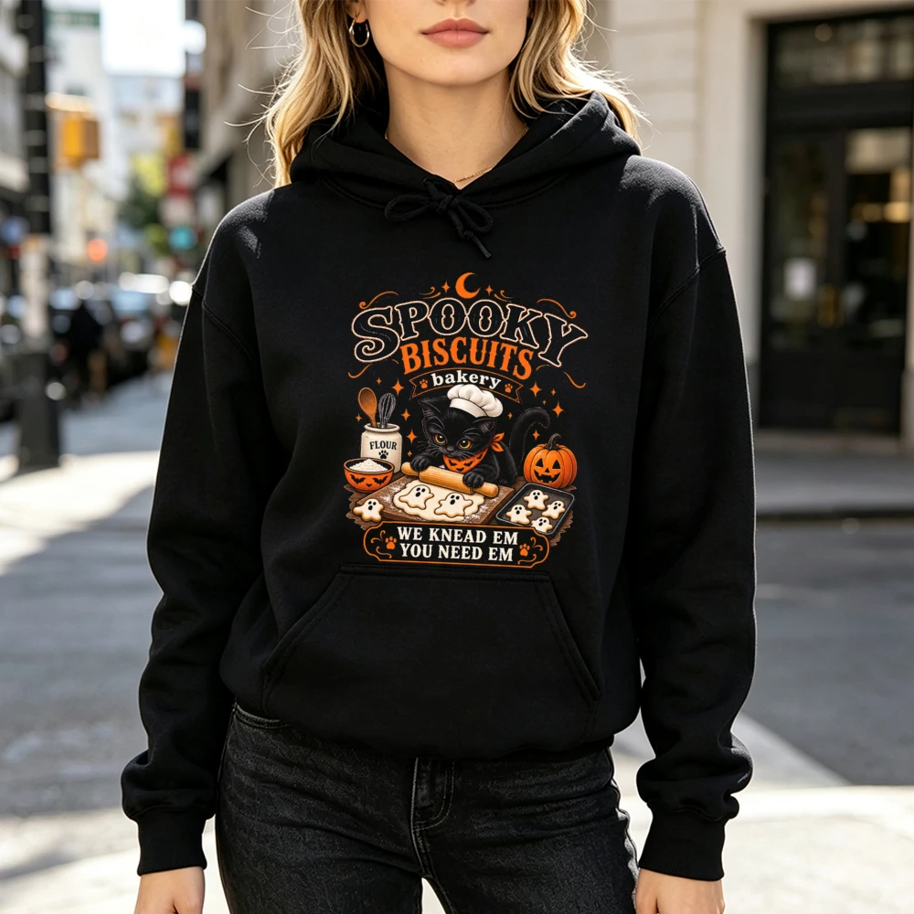 ⭐ Spooky Biscuits Bakery Hoodie – “We Knead Em, You Need Em” Black Cat Edition - Image 2