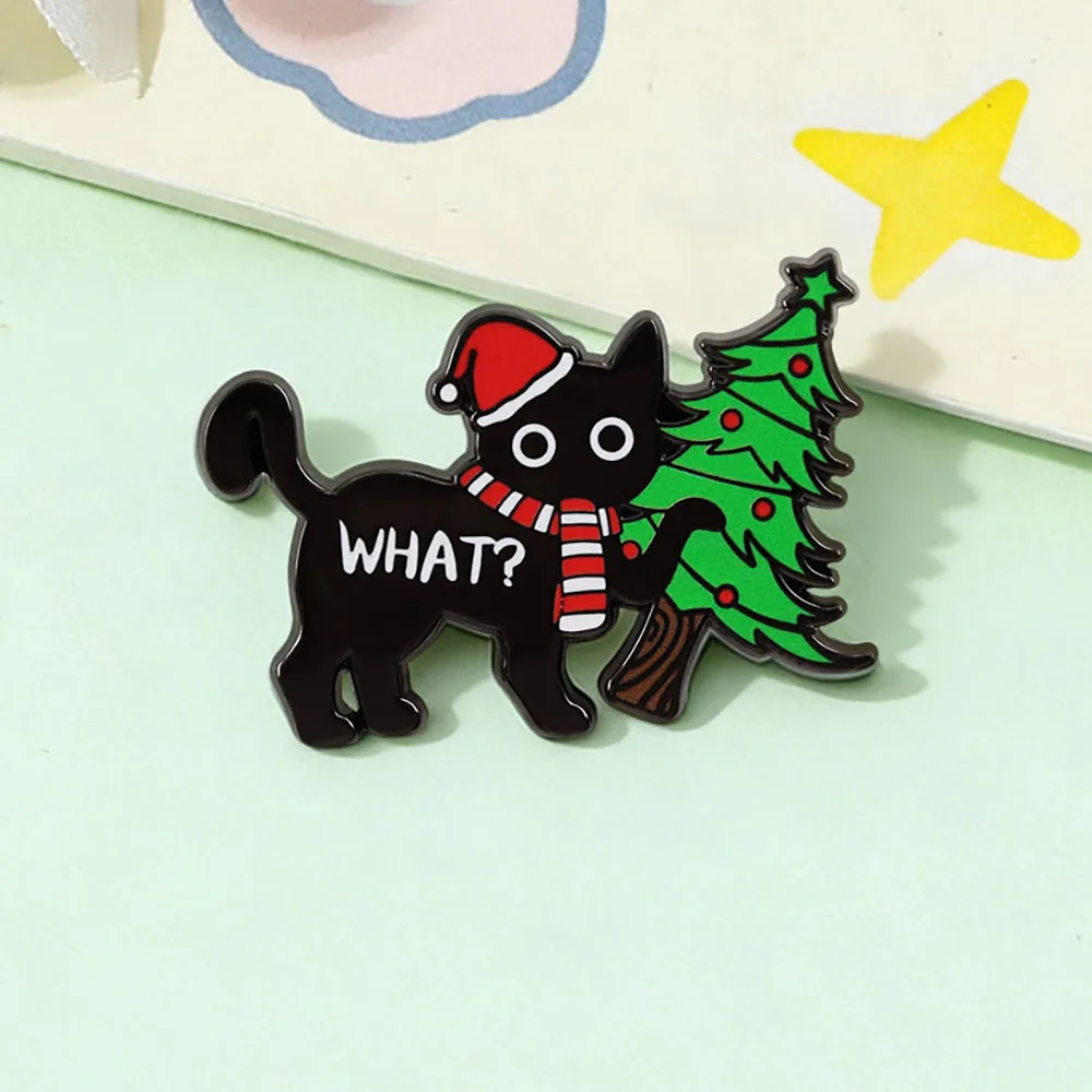 ⭐ Black Cat “What?” Christmas Brooch – Festive Feline Attitude in Enamel