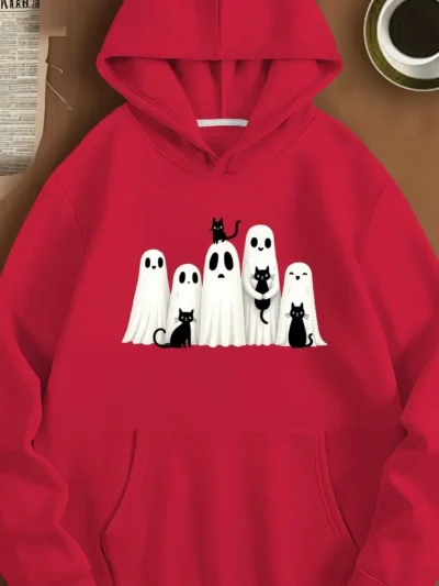 ⭐ Cartoon Ghost Family Hoodie – Black Cat Fall Halloween Oversized Sweatshirt