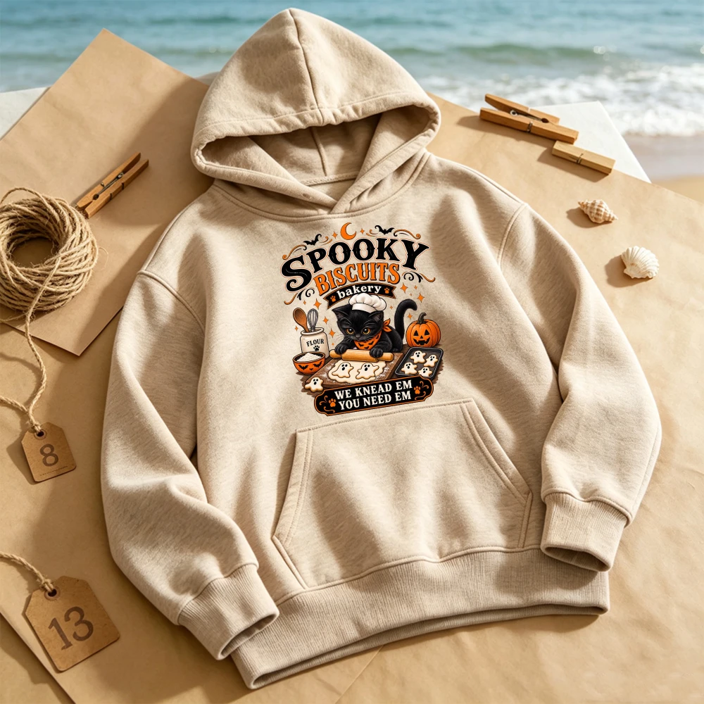 ⭐ Spooky Biscuits Bakery Hoodie – “We Knead Em, You Need Em” Black Cat Edition - Image 5