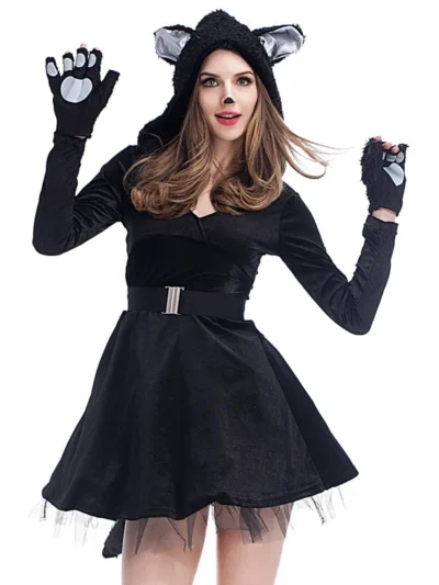 ⭐ Black Cat Carnival Costume – Hooded Outfit with Paws & Tail for Halloween Parties