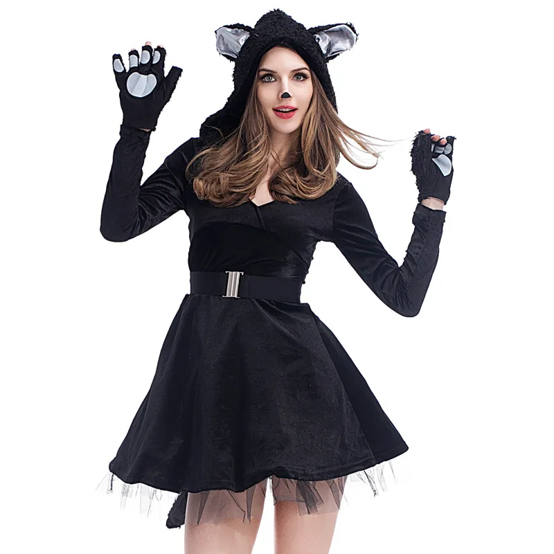 ⭐ Black Cat Carnival Costume – Hooded Outfit with Paws & Tail for Halloween Parties