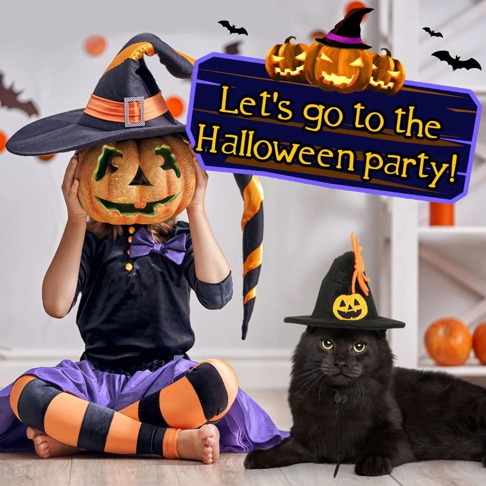⭐Kawaii Pumpkin Halloween Cat Costume – Adjustable Collar, Hat & Mesh Scarf Set - Image 3