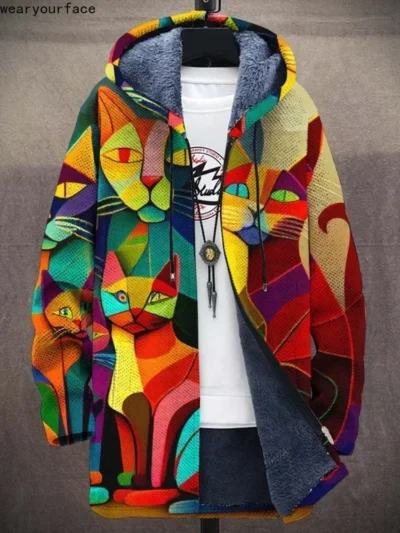 ⭐ Men’s Cozy Plush Cat‑Print Winter Zip Cardigan