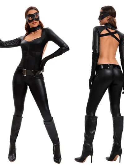 ⭐ Black Cat Superhero Cosplay Set – Backless Tenue Ecolière & Masked Halloween Style