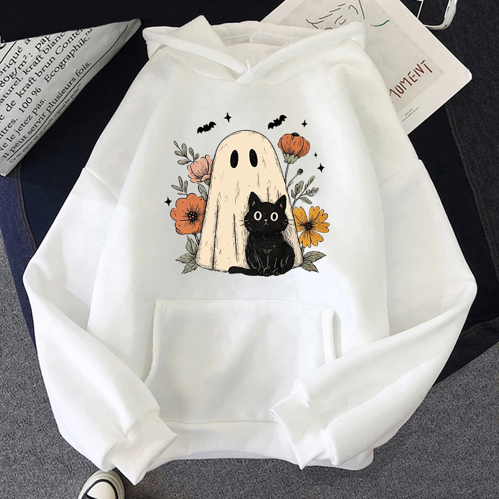 ⭐ Cute Halloween Cat Pullover – Women’s Vintage Ramen Flower Pumpkin Hoodie - Image 3