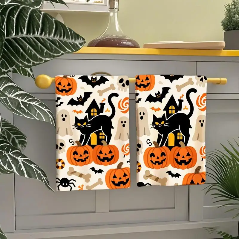 ⭐ Black Cat Harvest Towels – Cartoon Pumpkin Print (2pc Set) - Image 8