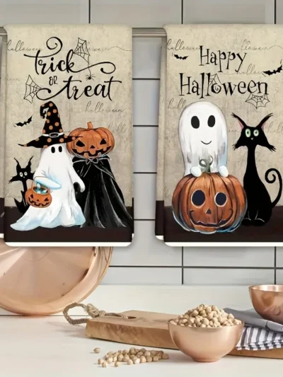 ⭐ Halloween Retro Cats & Pumpkins Towels – Kitchen Rag Duo (2pc)