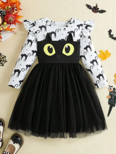 ⭐ Cute Black Cat Long‑Sleeve Chiffon Dress – Big Eyes Yarn Skirt for Girls