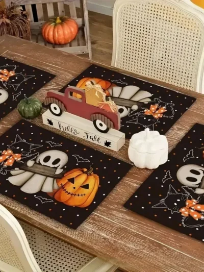 ⭐ Black Cat Moonlight Halloween Placemats Set