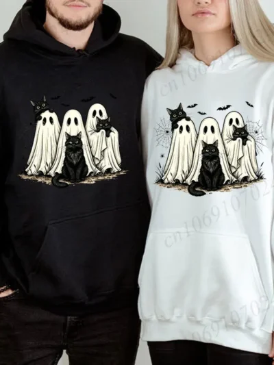 ⭐ Retro Ghost & Black Cat Halloween Hoodie